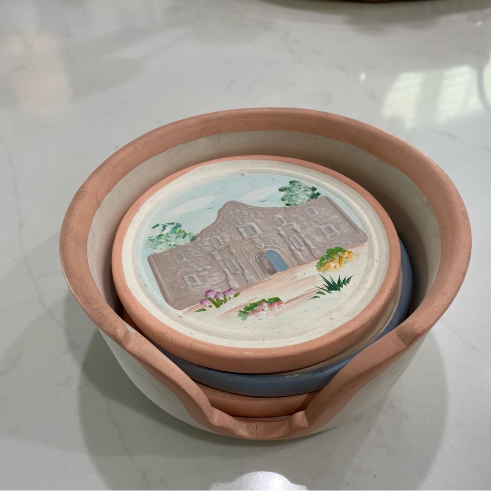 Signed Mia Handcrafted Handpainted Redline pottery coasters 1991 vintage